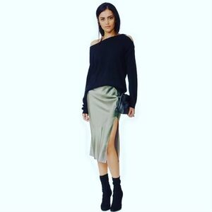 Emerson Thorpe Olive Green Shiny Silky Formal Midi Skirt Slit Office Side Zip